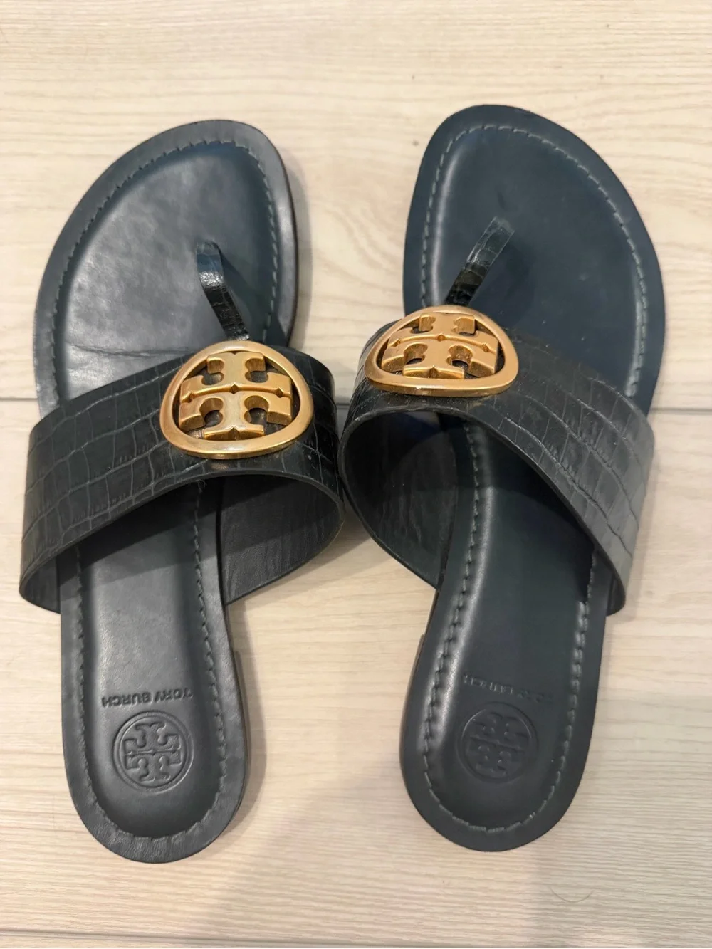 Tory Burch Black Croc-Embossed Leather Slide Sandals with Gold Logo